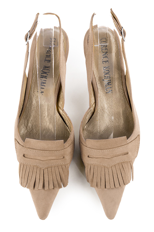 Tan beige women's slingback shoes. Pointed toe. Medium spool heels. Top view - Florence KOOIJMAN